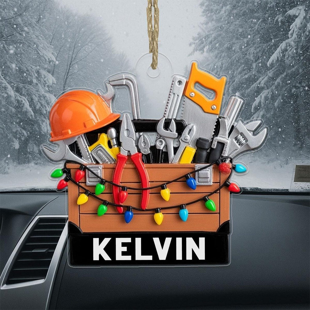 Custom Name Construction Worker Christmas Ornament - Personalized Mechanic Tools Gift, Lighted Builder Decoration, Handyman Holiday Keepsake